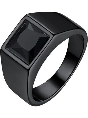 Classic Stainless Steel Men’s Signet Ring with Black/Blue Gemstone - Sizes 7-14